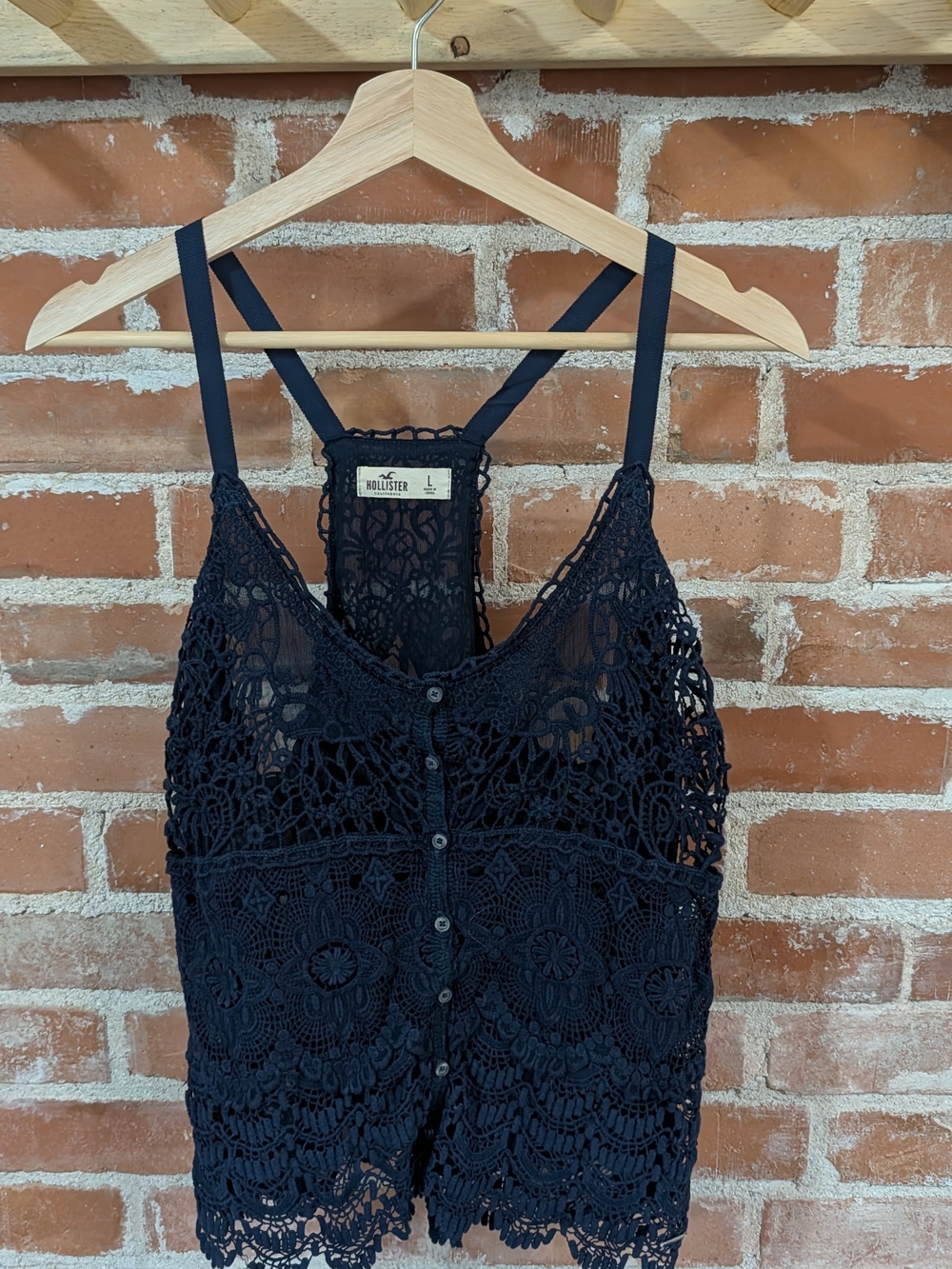 Hollister Black Crochet Button-Front Cami Top